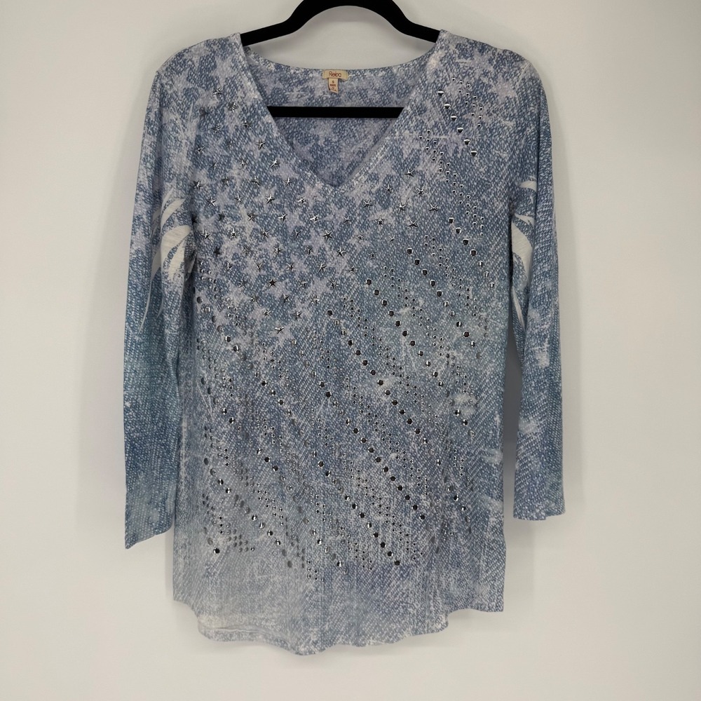 Reba Shirt Womens Small Blue‎ Tie Dye Beads Embellished Metallic Stars Celestial